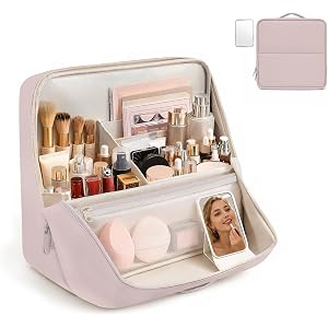 Travel Makeup Bag Standing Folding Leather Cosmetic Organizer with Handle | Waterproof Makeup Organizer with Brush Compartmen