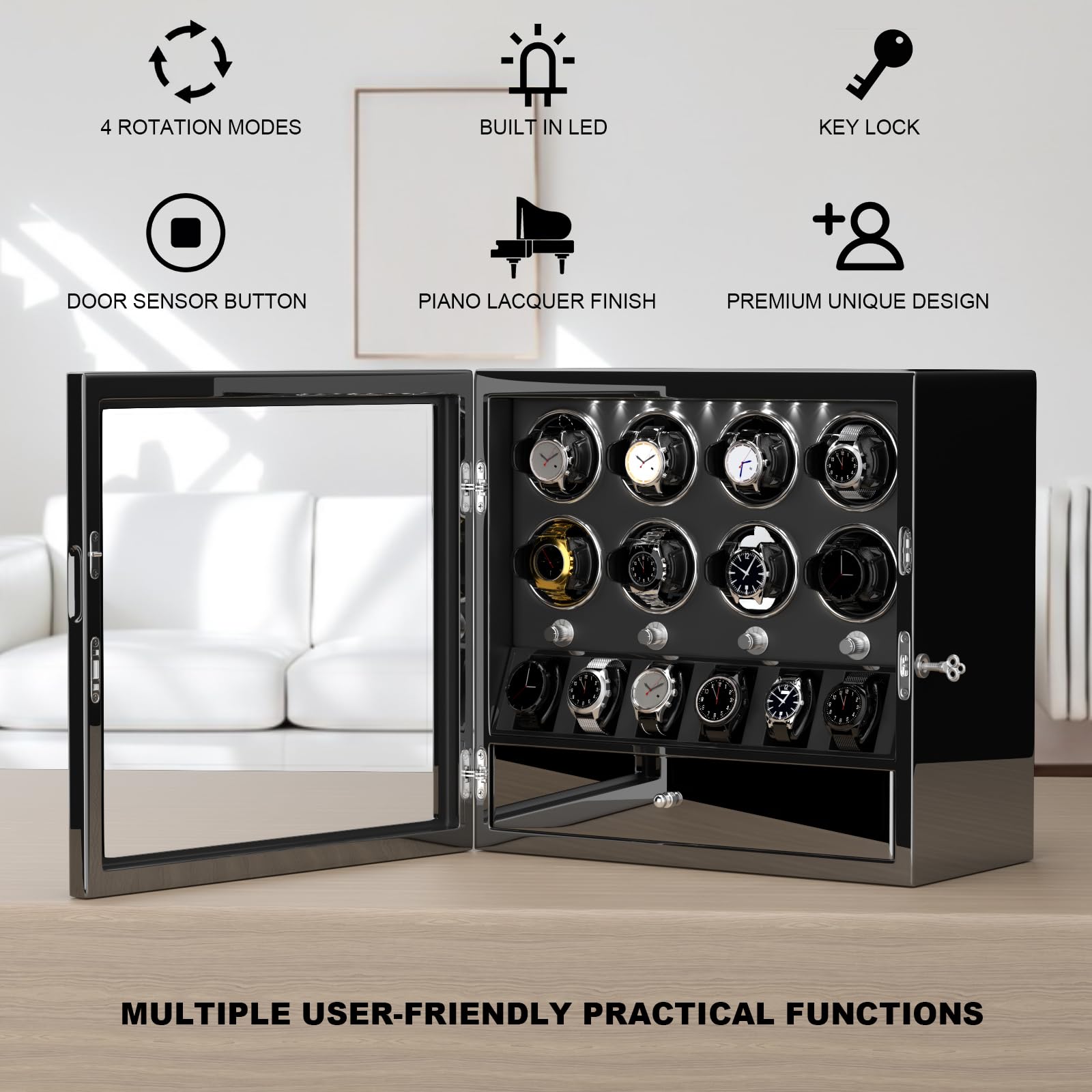 DUKWIN Watch Winder for 4/6/8 Automatic Watches, Lockable Winders with Watch Holders and Jewelry Storage, Super Quiet Motor with High-Gloss Finish, Built-in Illumination