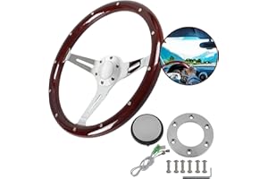 Donpida 380MM 15" Wooden Steering Wheel with Horn Button Kit - Classic Wood Grain Steering Wheel - Nostalgia Hollow-Carved 3 Hole Style.