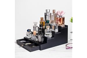 humberboat Wooden Cologne Organizer for Men, 4 Tier Cologne Display Shelf with Drawer, Perfume Holder for Women, Large Capacity Perfume Stand Organizer for Dresser Bathroom, Black