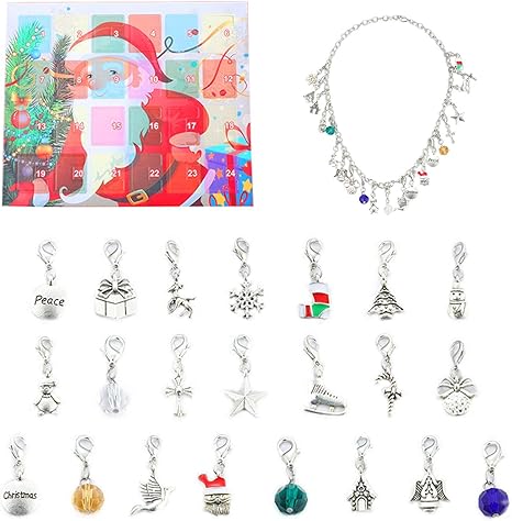 Amazon Co Jp クリスマスアドベントカレンダー Diyネックレス ブレスレットキット 手作りチャームペンダント アクセサリーパーツ ジュエリー Diy 贈り物 オーナメント 22個のチャームビーズと2個のチェーン ギフトケース付き ネックレス ブレスレット ホーム キッチン