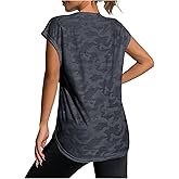 OYOANGLE Women's Camo Print Cap Sleeve Workout Shirts Exercise Running Active Dolman Sleeve Gym T-Shirt