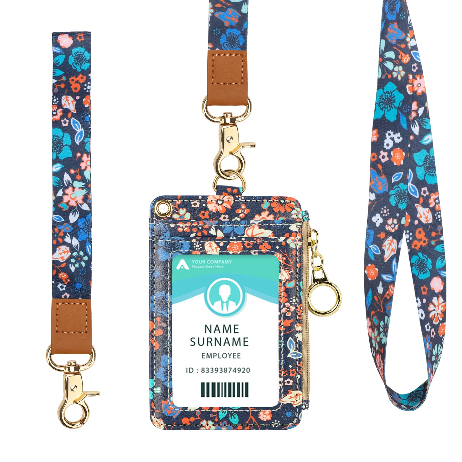 Badge Holder Neck Strap PU Leather Badge Holder with Zipper Pocket for ID Card, Student Card, Bus Card (Black Flower)