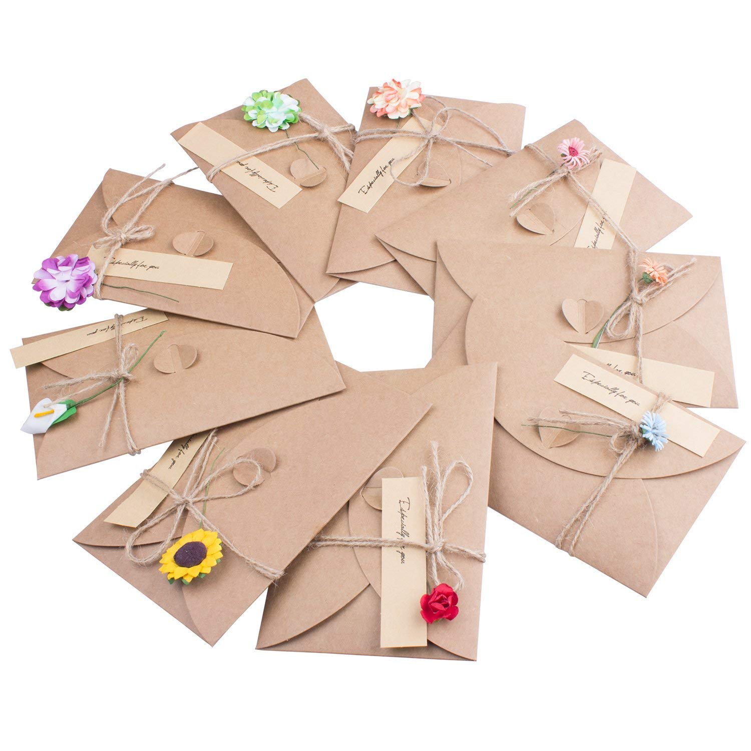 ZARRS Greeting Cards and Envelopes,9 Multipack Retro Kraft Paper Cards Blank Inside Handmade Card for Birthday Christmas Wedding Anniversary Mother's Day,Dried Flowers and Jute Twine
