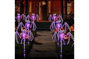 BEHILLER Halloween Decorations Outdoor Solar Garden Lights,2PCS of Set 3D Scary Bat Realistic Skeleton Outside Decor,Solar Creepy Bats Path Lights for Grave/Yard/House/Halloween Party Gifts Decor Purple