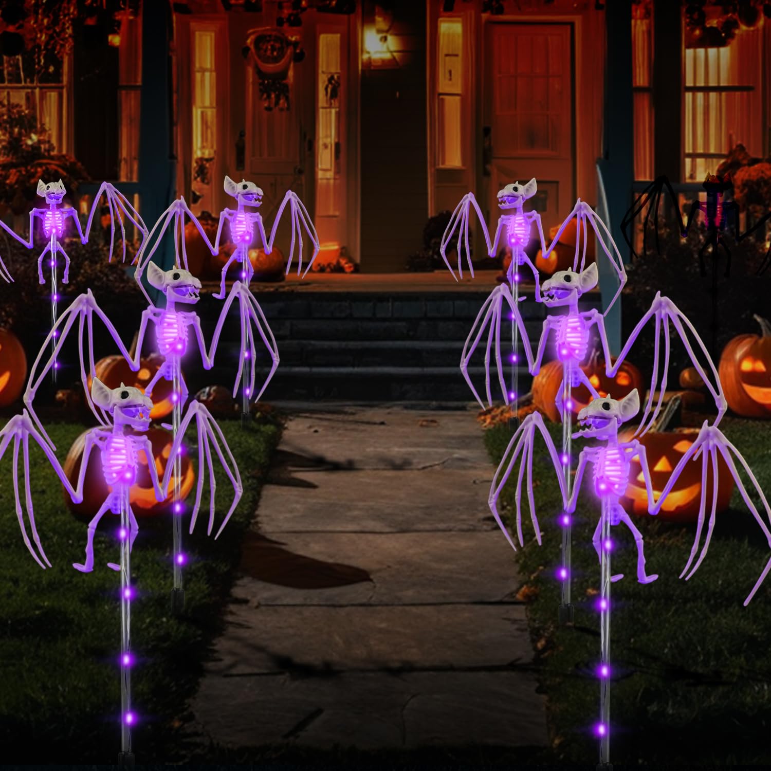 Photo 1 of Halloween Decorations Outdoor Solar Garden Lights,2PCS of Set 3D Scary Bat Realistic Skeleton Outside Decor,Solar Creepy Bats Path Lights for Grave/Yard/House/Halloween Party Gifts Decor Purple