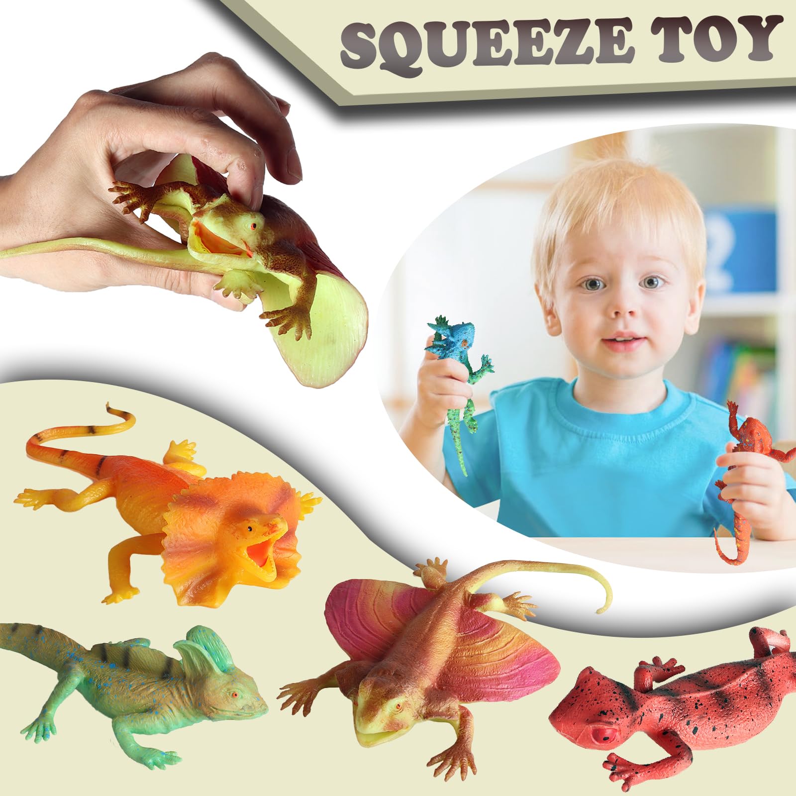 8PCS Plastic Squishy Lizard Toys, Stretchy Rubber Figures, Realistic Soft Reptile Toys for Kids, Party Decoration Figurines Set