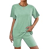 Ekouaer Two Piece Sets for Women Summer Outfits 2026 Lounge Set Crew Neck Tshirts Biker Short Sweatsuit with Pocket