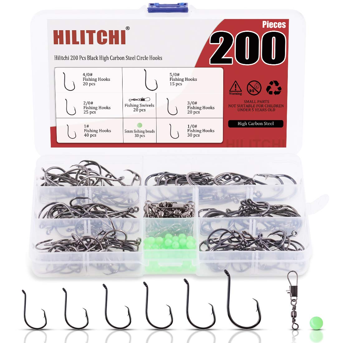 Hilitchi 200 Pcs 6 Sizes Fishing Hooks Offset Point Design in High Carbon Steel Construction Circle Hooks for Saltwater and Freshwater with Luminous Beads and Swivel Snaps