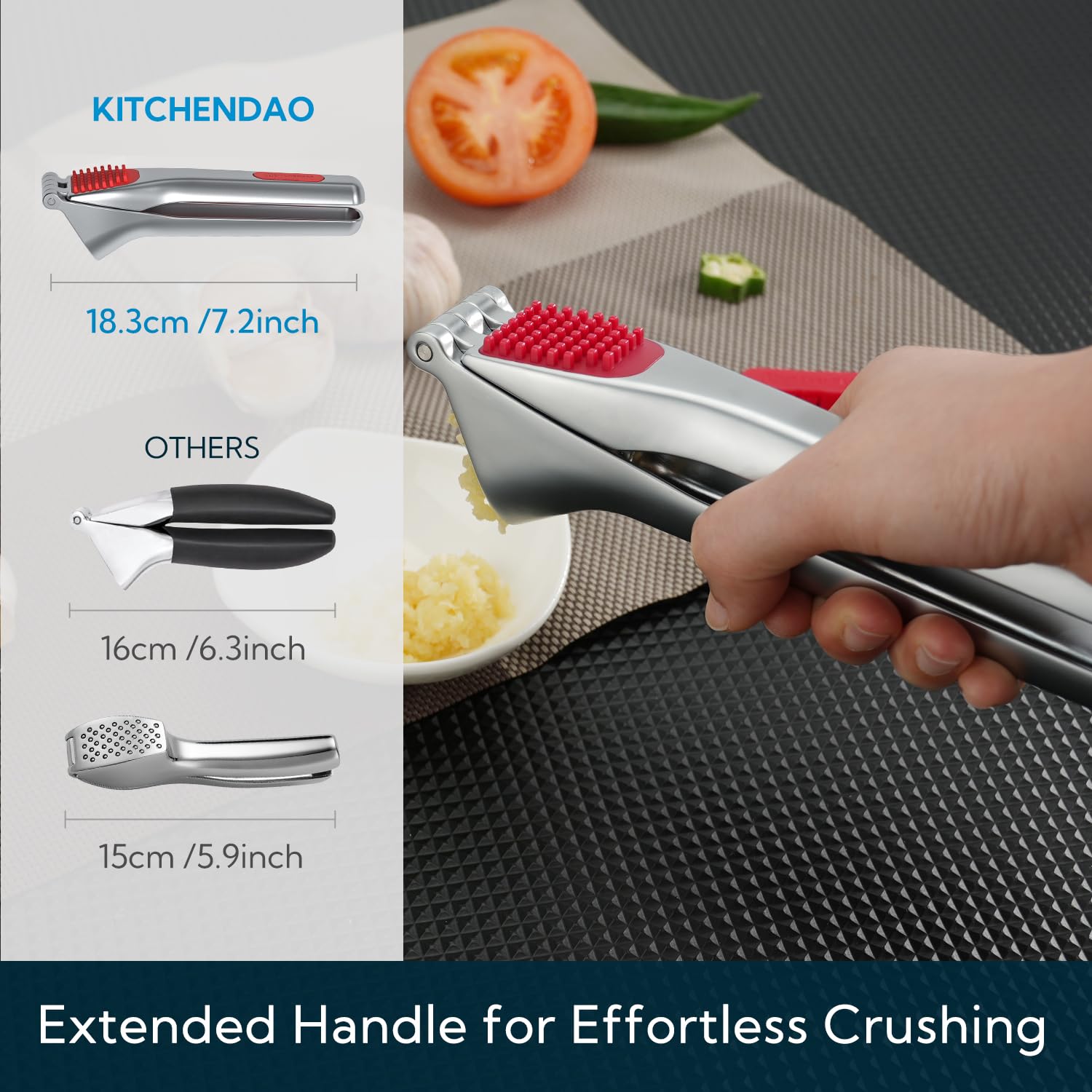 KITCHENDAO Hochleistungs-Knoblauchpresse mit integriertem Schaber und Reinigungsschieber, Knoblauchzerkleinerer aus Zinklegierung, Garlic Press mit großem Behälter (Kein Schälen Nötig) 5