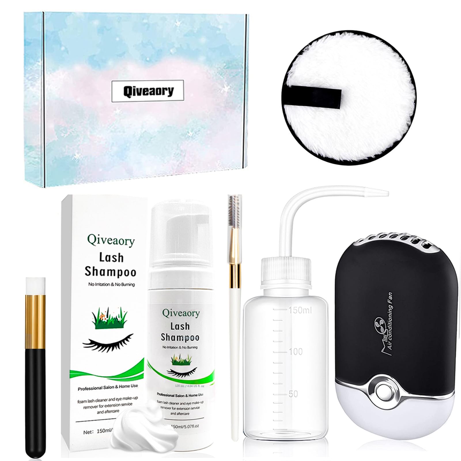 120ml/4.04fl.oz Eyelash Extension Cleanser, Lash Shampoo With Cap, Fan Mascara Brush, Wash Bottle, Reusable Makeup Remover Pad - Paraben & Sulfate Free (Original)