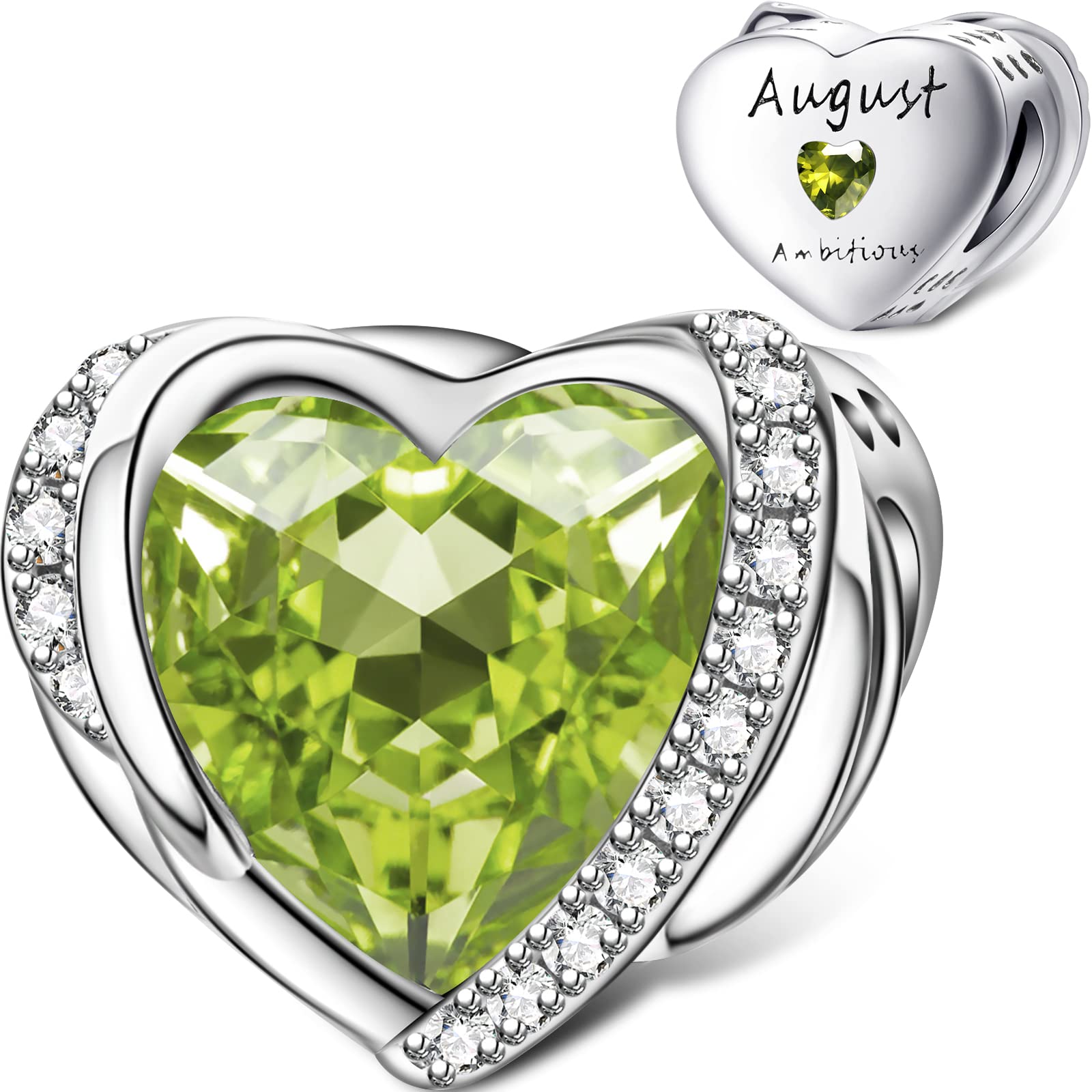 August Birthstone Charms for Pandora Charms Bracelet, Angel Wings 925 Sterling Silver Love Heart Bead Pendant Engraved Ambitious,Birthday Mother's day Jewelry Gifts for Women Girls