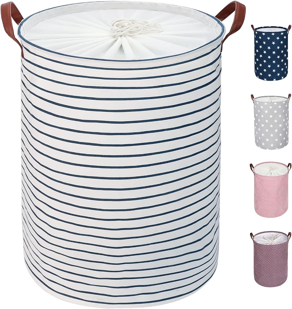 DOKEHOM 18-Inch Freestanding Laundry Basket with Lid Blue Stripe (M)