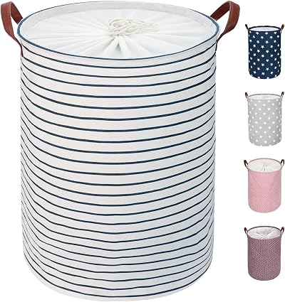 DOKEHOM 18-Inch Freestanding Laundry Basket with Lid Blue Stripe (M)
