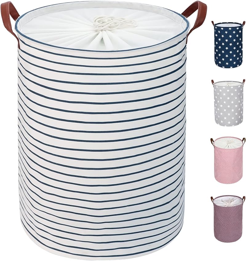 DOKEHOM 18-Inch Freestanding Laundry Basket with Lid Blue Stripe (M)