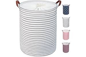 DOKEHOM 18-Inches Freestanding Laundry Basket with Lid, Collapsible Large Drawstring Clothes Hamper Storage with Leather Handle (Blue Stripe, M)