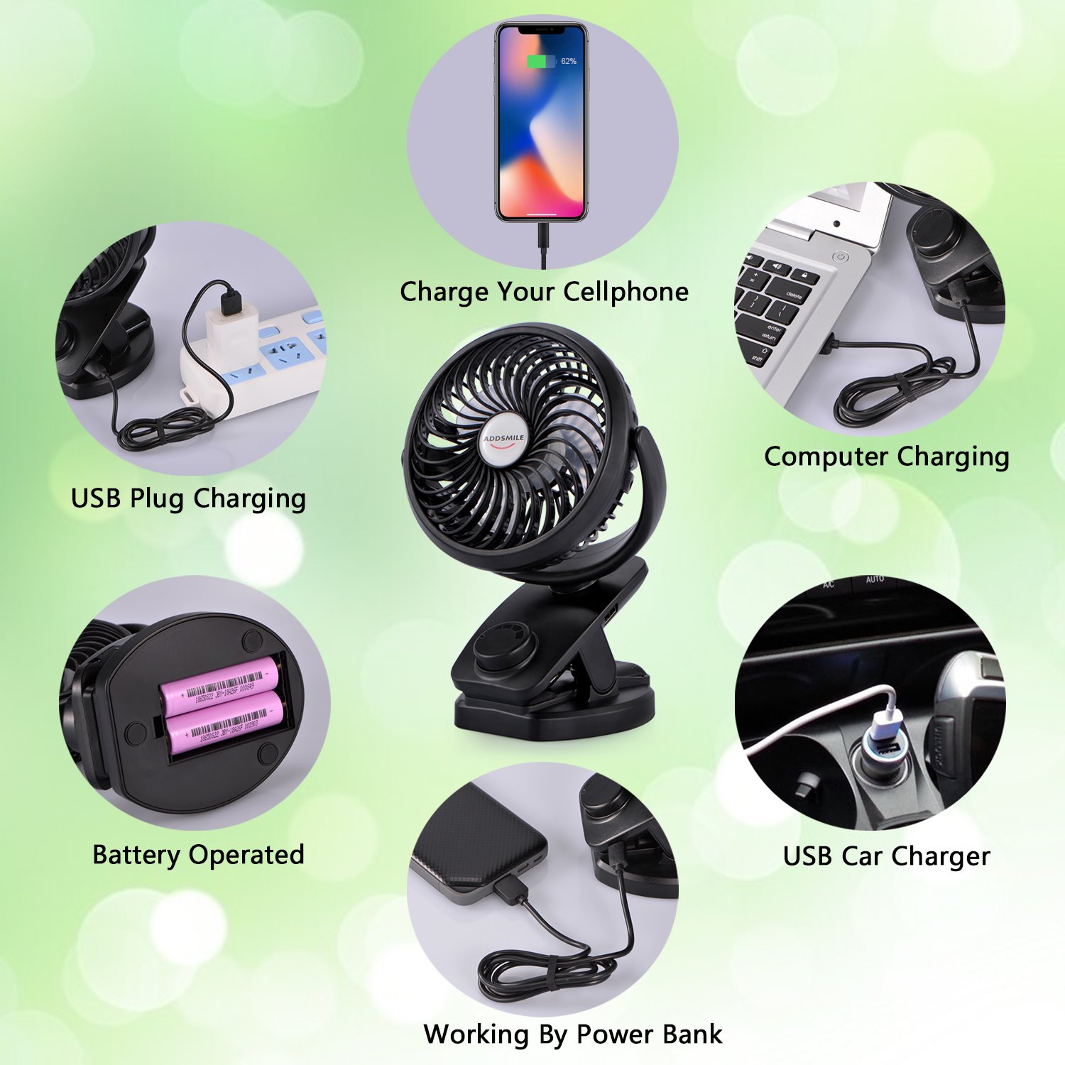Rechargeable Battery Operated Clip Fan, Portable Clip on USB Desk Fan, ADDSMILE 4400mAh Battery/USB Powered Personal Mini Fan for Baby Stroller/Office/Gym/Beds/Car/Traveling/Camping(6~40h) (Mini)