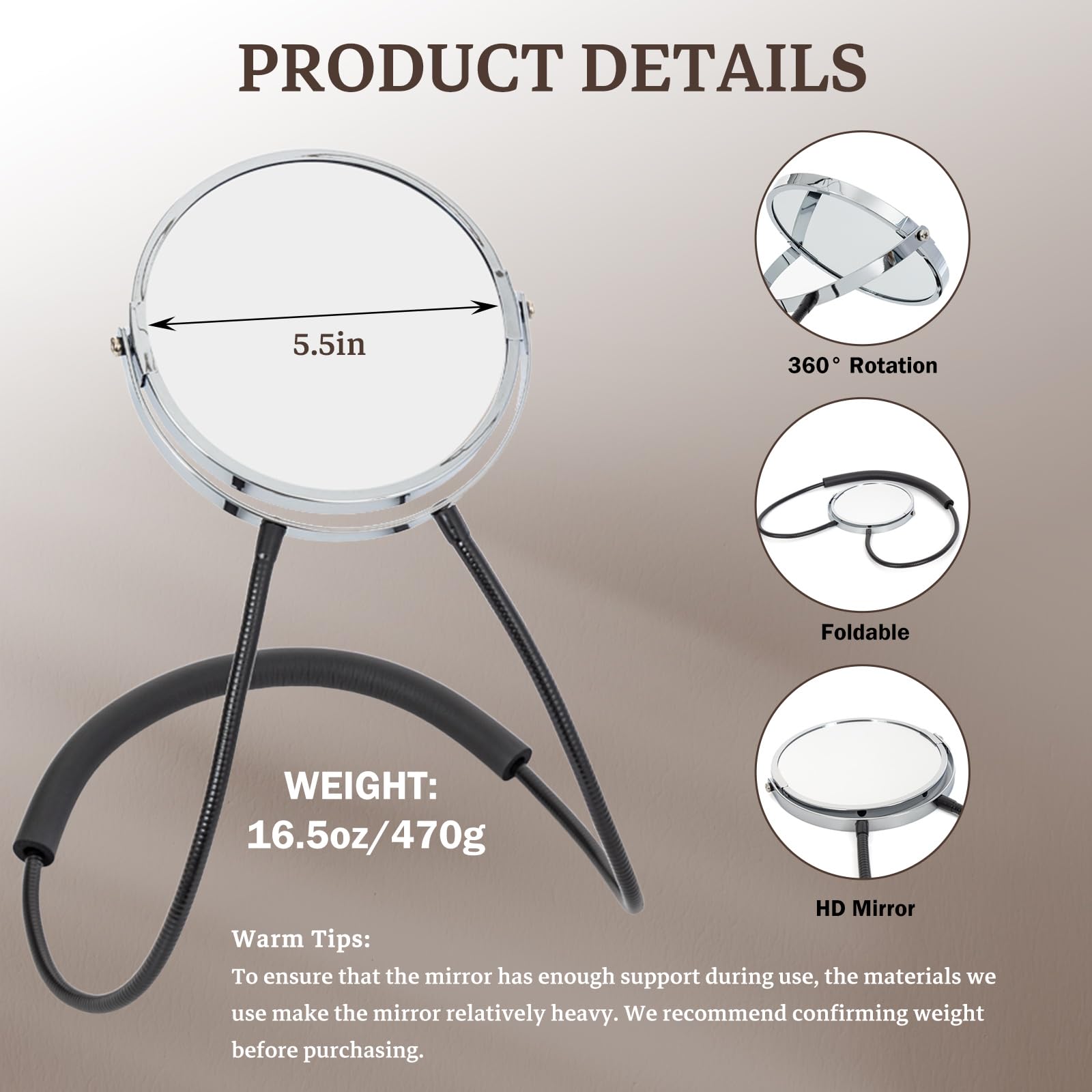 Double Sided Mirror, Standard Viewing and 5X Magnification, Mirror' arm is Flexible to Around The Neck