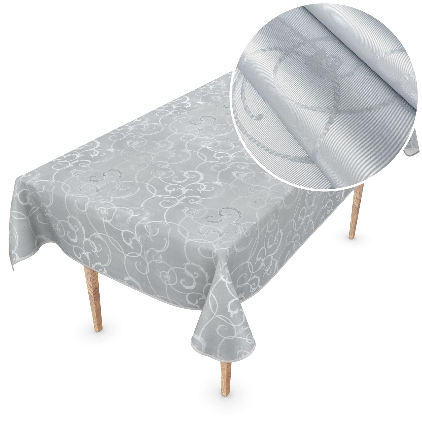 ANRO Premium Oilcloth Tablecloth Vinyl Oilcloth Washable 110 x 150 cm Damask Silver Elegant Wipe Clean