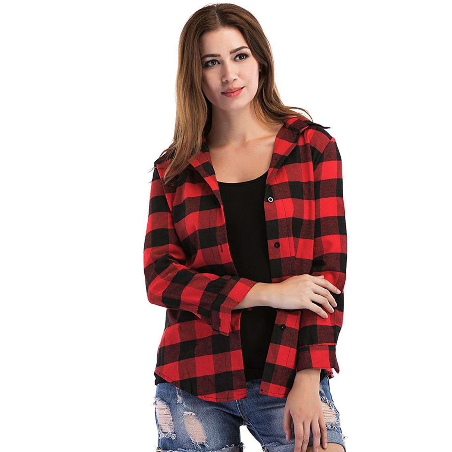 c.cozami women's long sleeves casual white/black/red checkered shirt