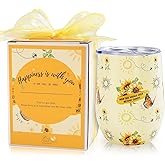 Darleneworld 12oz Vacuum Insulated Wine Tumbler Stainless Steel Wine Tumbler With Lids Travel Coffee Wine Cup Sunflower Yellow Happy Birthday Gifts for Women Friends Her Mom Girls Sister Coworkers,