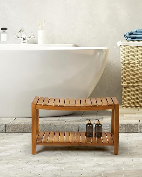 UPOLANA TEAK SHOWER BENCH, 32″ SOLID WOOD SHOWER STOOL FOR INSIDE SHOWER TO SIT ON, WOODEN BATHROOM SHOWER SEAT WATERPROOF