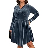 D.Q.RZhong Women’s Plus Size V Neck Velvet Dress Long Sleeve Wrap Empire Waist Midi Dress for Wedding Guest