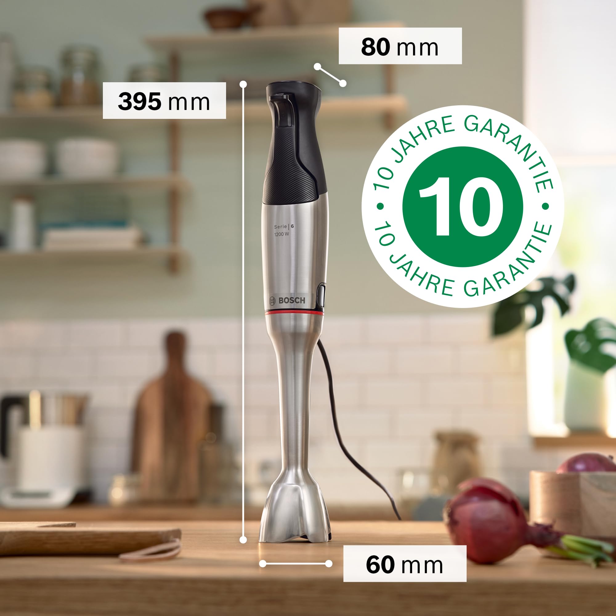 Bosch Stabmixer ErgoMaster Serie 6, Zerkleinerer, einhändig bedienbar, 4 Edelstahl-Klingen verschleißfreie Keramik-Kupplung, Luftkühlung, langlebig, Mixbecher, leistungsstark, 1200 W, MSM6M830 2