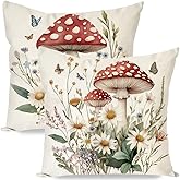 HERHOME Cottagecore Mushroom Decorative Throw Pillow Covers 18x18 Inch Set of 2 Daisy Flower Butterfly Outdoor Rustic Farmhouse Spring Fall Decor Cushion Case Decoration for Home Couch Living Room