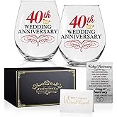 Perfectinsoy 40 Th Wedding Wine Glasses Set of 2 with Metallic Memorial Card, 40th Anniversary Birthday Gifts for Parents, Wife, Soulmate, Couple, Funny 40 Years Milestone Gift