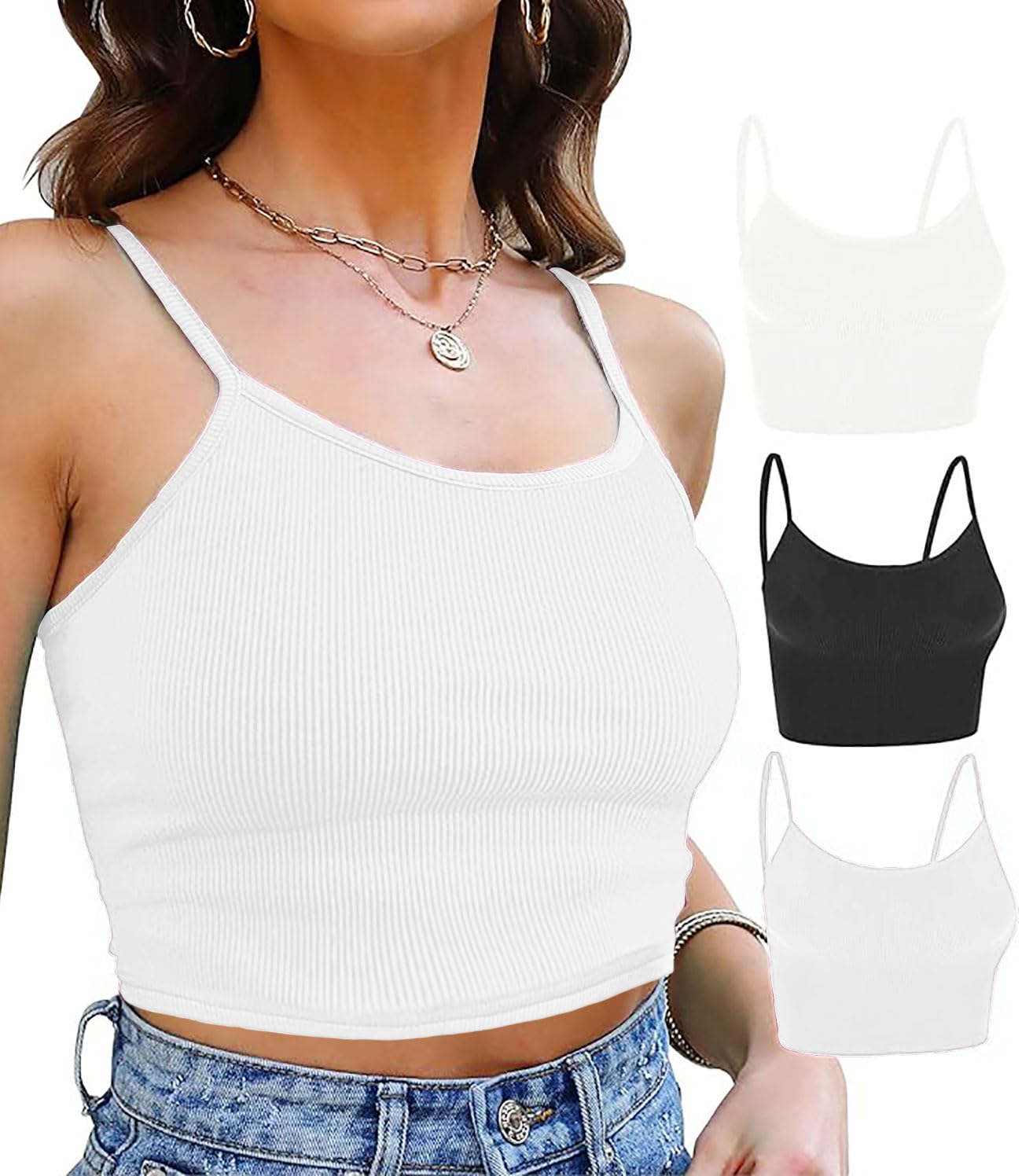 Photo 1 of Topstype 3 Pcs Cropped Cami Thick Ribbed Double Layers Womens Crop Tank Tops Layering Undershirt Camisole No Pad Black,Gray,White
