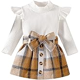 fhutpw Baby Toddler Girl Outfits Fall Winter Clothes Turtleneck Knitted Cotton Long Sleeves Tops & Button Mini Skirts Set