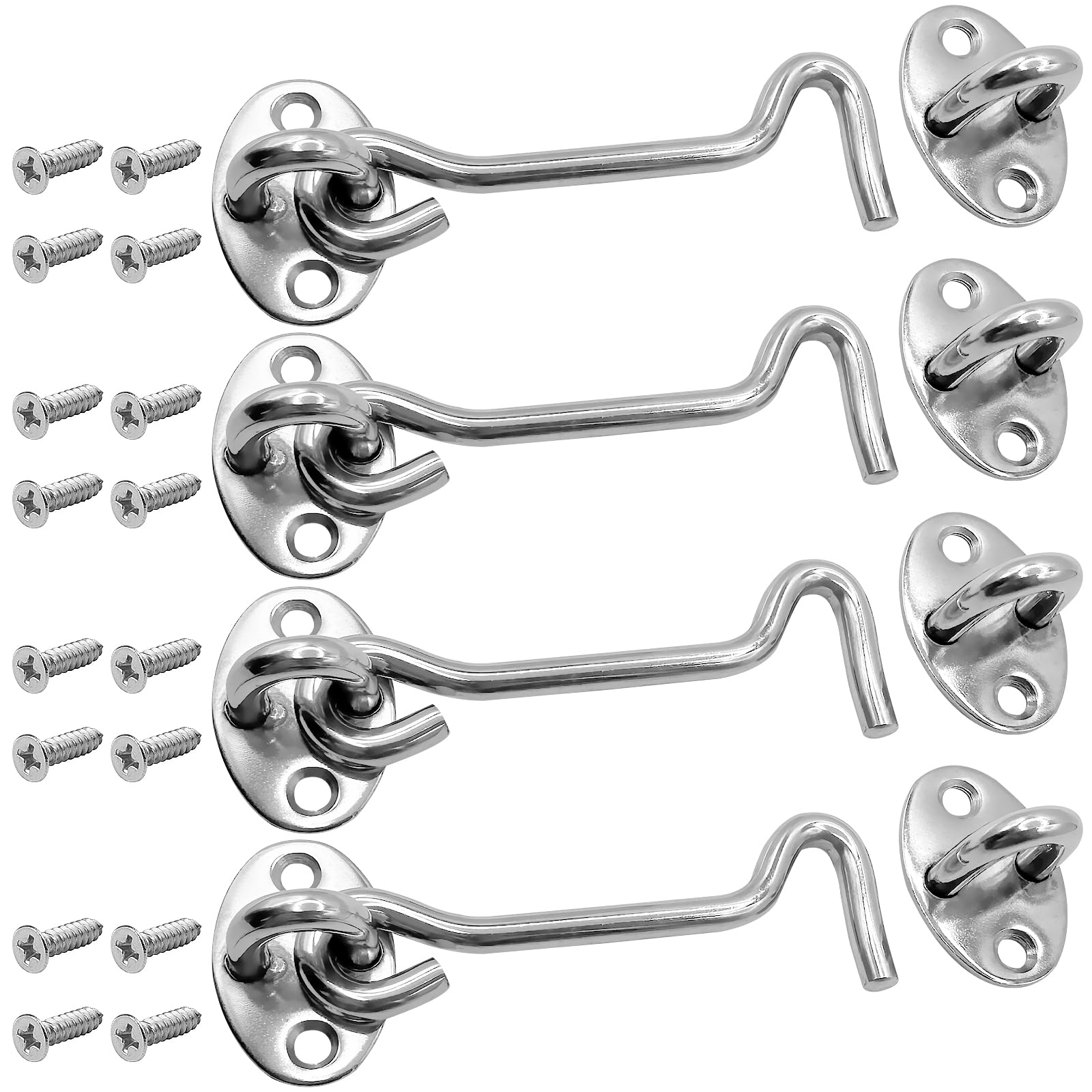 Abaigeal 4 Inch Hook and Eye Latch, 8 Pcs 106mm Silver Gate Hook Stainless Steel Cabin Hook, Hook Eye Latch Door Lock Hook Lock, Latch Apply to Wooden Gates, Window Brace Gate Door Catch
