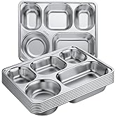 Foaincore 8 Pack 304 Stainless Steel Divided Plates Rectangular Portion Control Plates with Compartments Unbreakable Metal Food Tray for Lunch, Dinner, Camping, Heavy Gauge (5 Compartment)