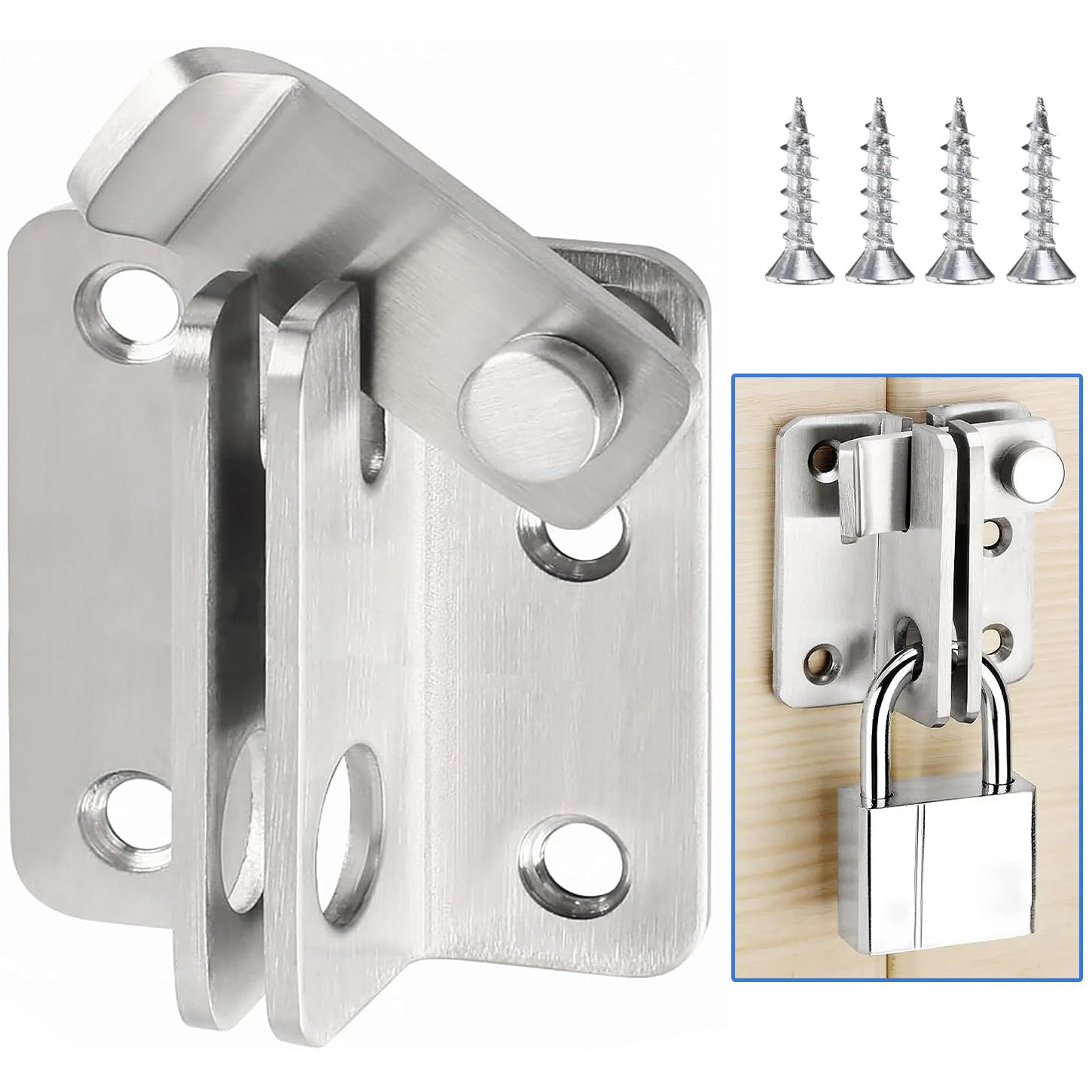 Litensh Stainless Steel Flip Gate Latch Door Bolt Lock with Padlock Hasp, Security Door Latch for Shed, Cabinet, Barn, Pet Cage & Sliding Door, Right Open Silver Size L