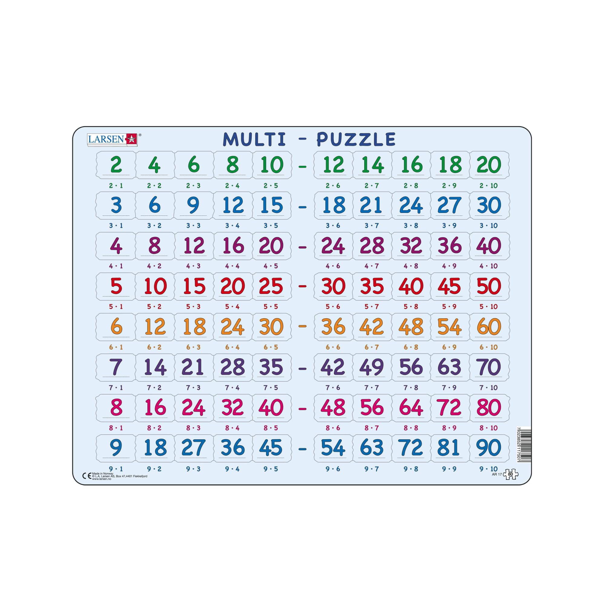 Larsen AR17 Multiplication Puzzle - 80 Pieces - Educational Math Puzzle for Kids 7+ - Learn Times Tables 2–9, Quiz Style, Tray & Frame