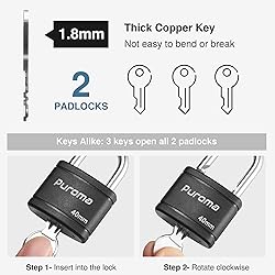Puroma 2 Pack Keyed Padlock with 3 Keys Alike, 1.1