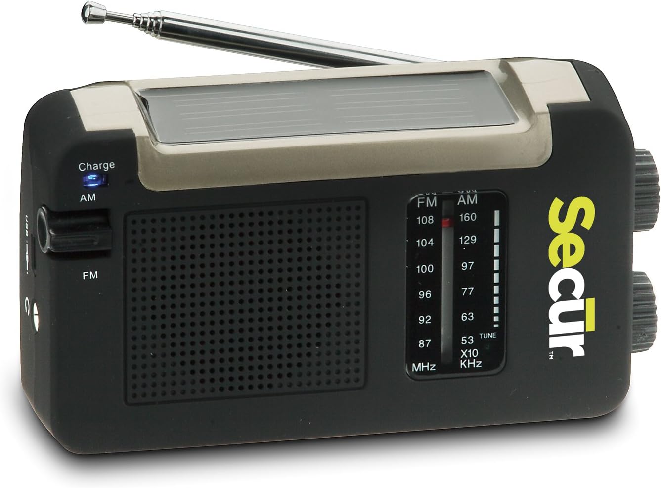 Secur Solar or Dynamo Hand Crank or USB powered high quality AM/FM Radio with External antenna – compact portable size with comfortable non slip rubberized finish, no batteries needed ever
