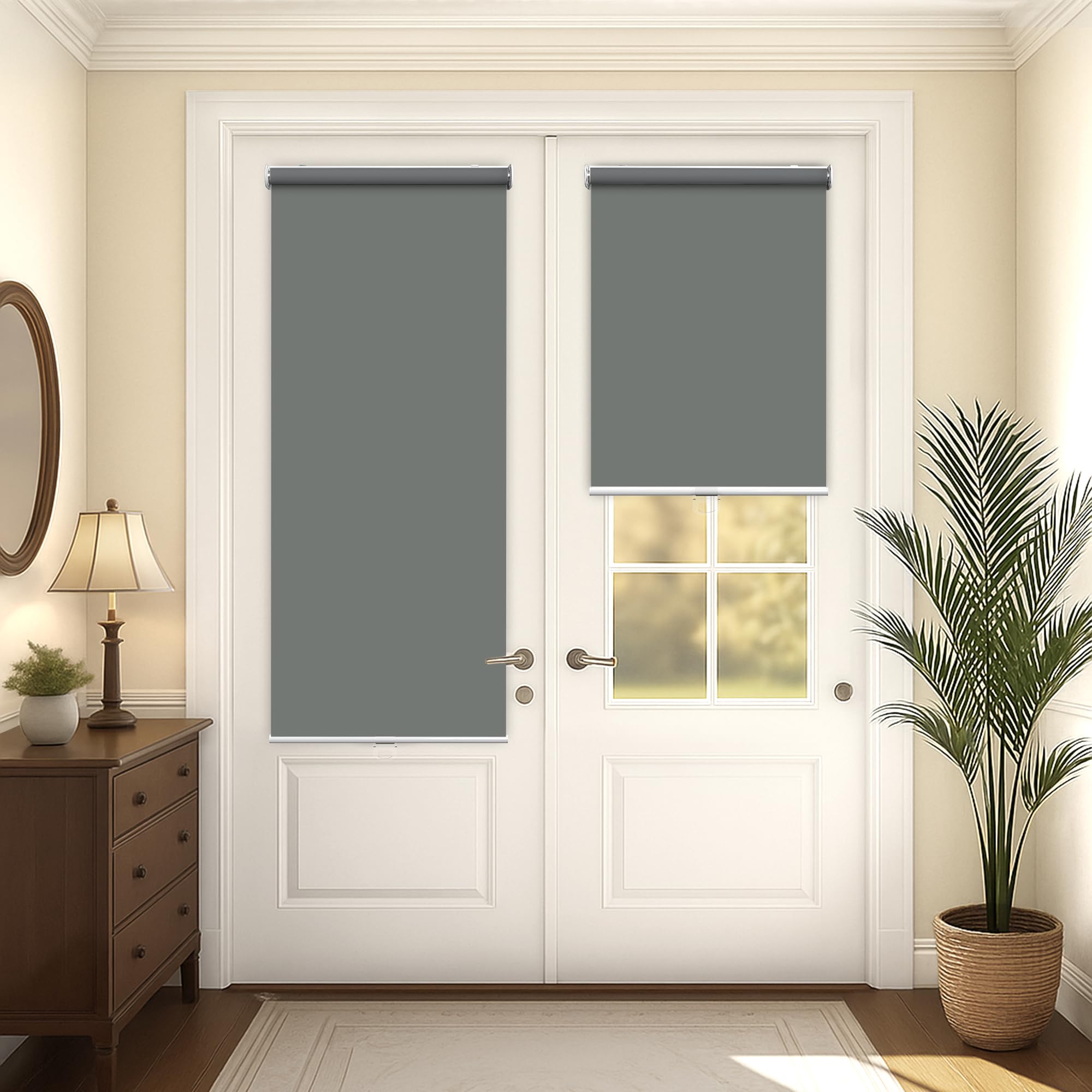 Photo 1 of LazBlinds Cordless Roller Shades for French Doors, No Drill French Door Blinds for Privacy, Blackout Roll Up Shades for Front Door Sidelight Glass Door Patio, 26 5/8" W x 72" H, Grey