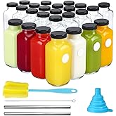 CUCUMI 24pcs 16oz Glass Juice Bottles with Lids, Reusable Vintage Glass Drinking Bottles with Blank Labels, Brush, Straws, Funnel for Storing Tea, Kombucha, Milk