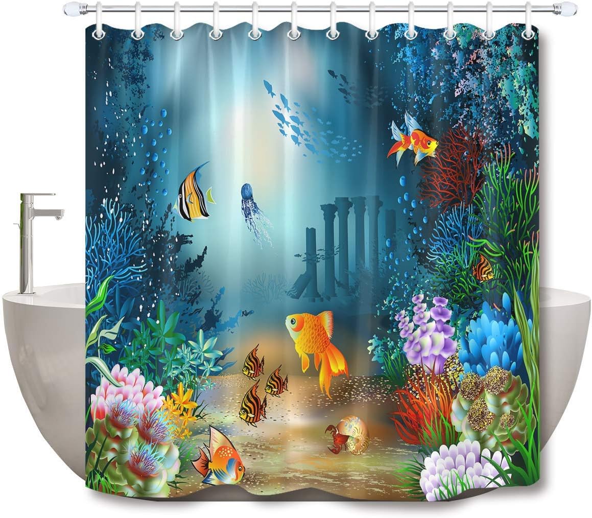 LB Tropical Fish Shower Curtain for Kids Coral Reef Marine Life Bath Curtain with Hooks Blue Sea Anti Mould Waterproof Polyester Fabric Bathroom Curtains,59x71 inches - Image 3