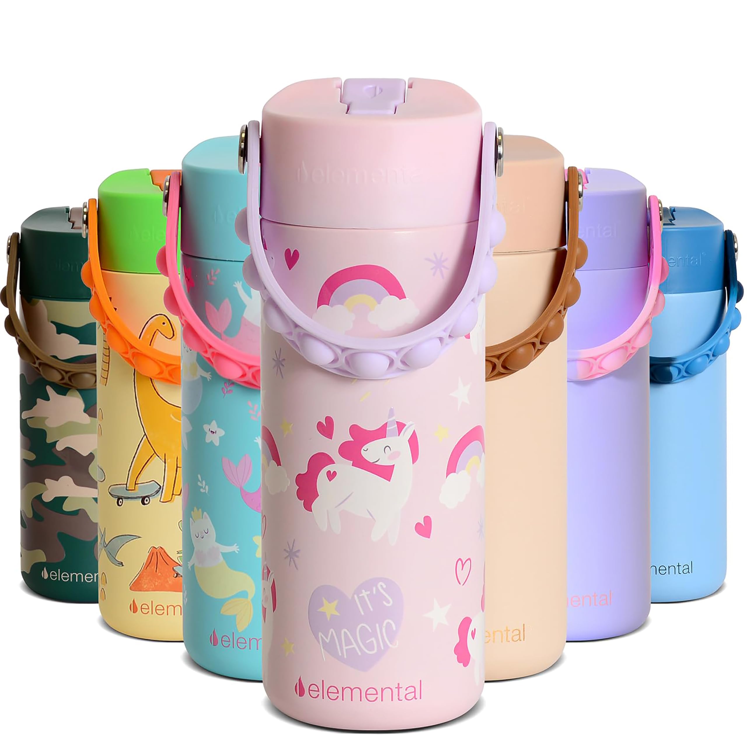 Photo 1 of Elemental Insulated Kids Water Bottle, Stainless Steel Water Bottle with Straw Lid & Pop-It Handle, Leak-Proof Water Bottles for School, Boys or Girls, Travelling and Sports, 18oz - Unicorn Magic
