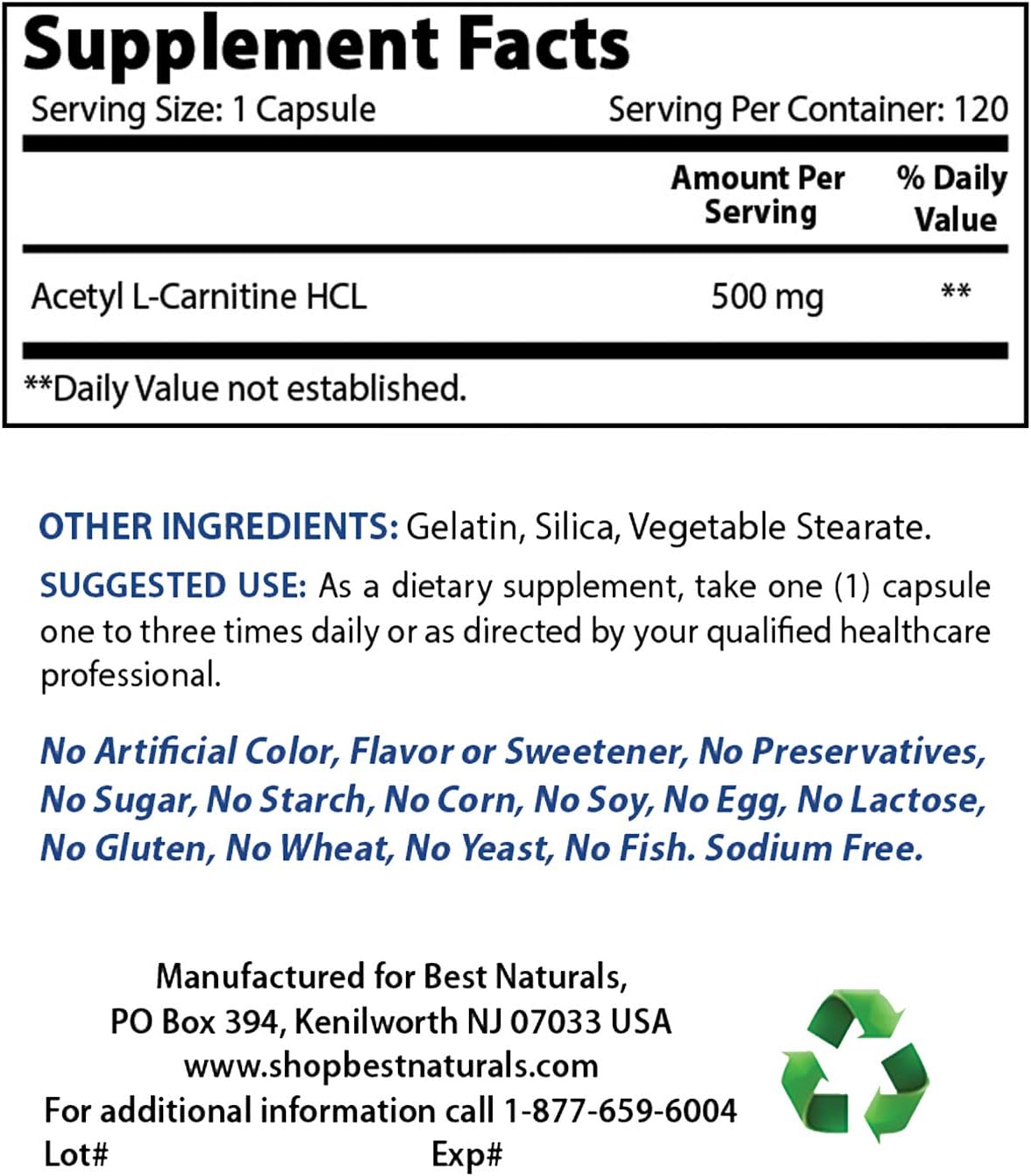 Best Naturals Acetyl L-Carnitine 500 mg 120 Capsules, White, 120 count (Pack of 1) - Image 3