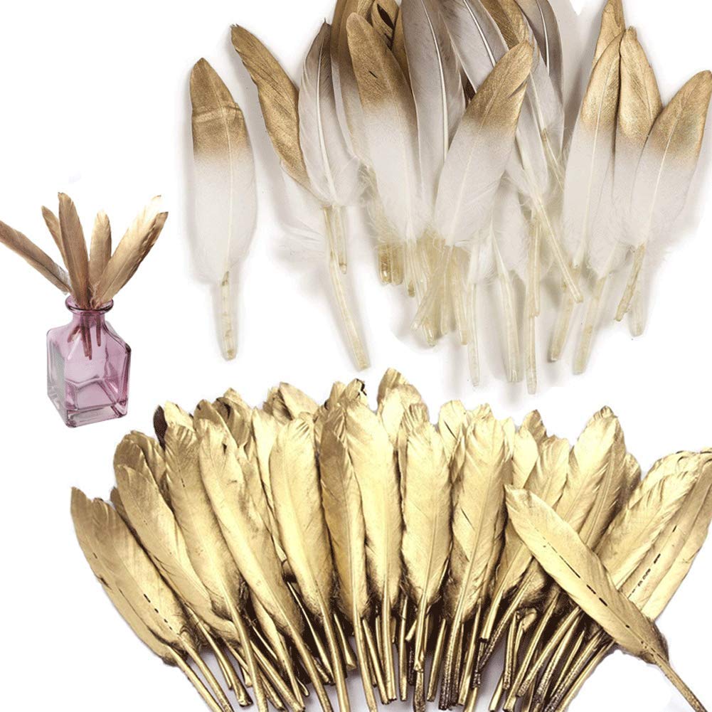 Shindel Gold Dipped Feathers, Natural Feathers Natural Pure White Gold Dipped Feathers for Craft Table Centerpiece Cupcake Decor Baby Shower Decorations, 60 PCS
