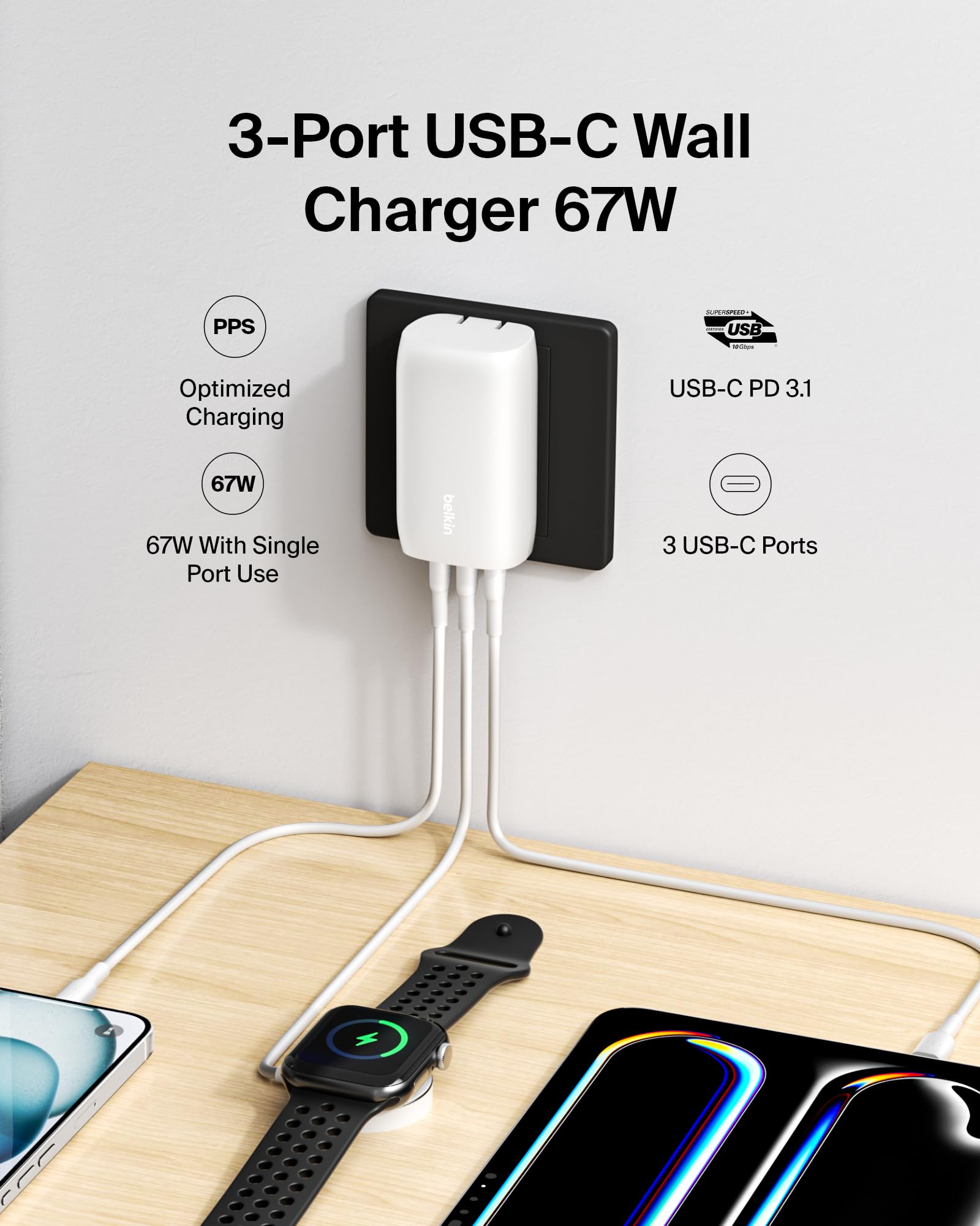 Belkin 3-Port USB C Charger Block 67W - PPS, USB-C PD3.1 Super Fast Charging Charger - Samsung Galaxy S25, Apple iPhone 17, Air, Pro, MacBook, AirPods, Nintendo Switch 2 & More - White