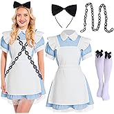Mepase 5 Pcs Halloween Grunge Band Costume Wonderland in Chains Costume Blue Maid Dress Vintage Chains Set for Women Cosplay