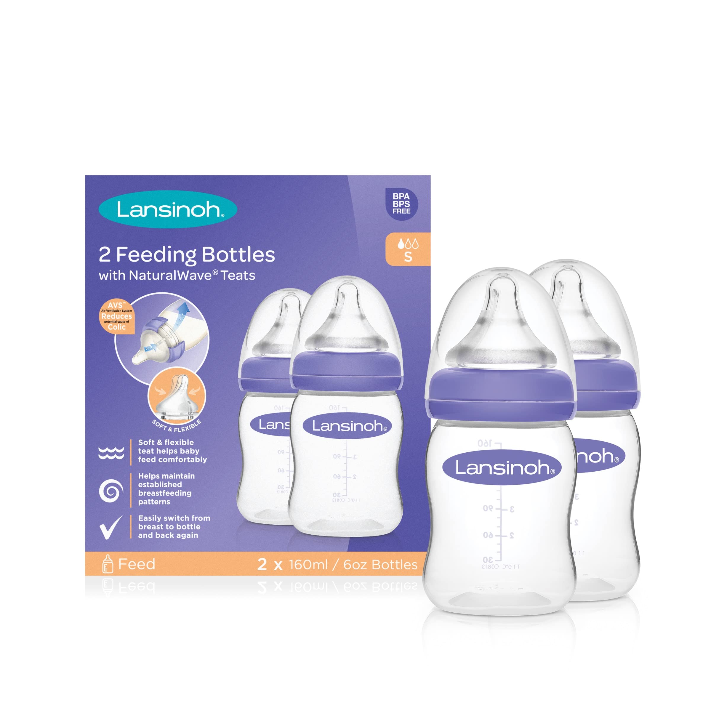 Lansinoh Anti Colic Baby Bottles - 160ml 2-Pack - Baby Bottle with NaturalWave Silicone Slow Flow Teats BPA & BPS-Free Breastfeeding Bottle Milk Bottle Newborn Essentials Bottle Feeding New Mum Gift