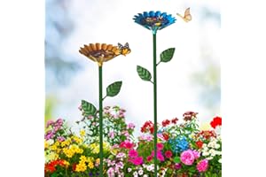 UNIGRAINFLOR 2 Pack Bee Watering Station, Bee Baths for Garden with Glass Marbles, Colorful Metal Butterfly Bird Water Feeder Supplies for Outdoor Garden Yard Farm Decor Flower Design (Blue,Yellow)