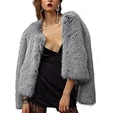 Shiyifa Women's Faux Fur Coat Long Sleeve Fleece Cropped Jacket Open Front Shaggy Warm Short Fall Winter Outerwear
