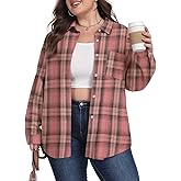OLRIK Womens Plus Size Plaid Shirts Lightweight Flannel Long Sleeve Collared Button Down Blouse Oversized Shacket Coat